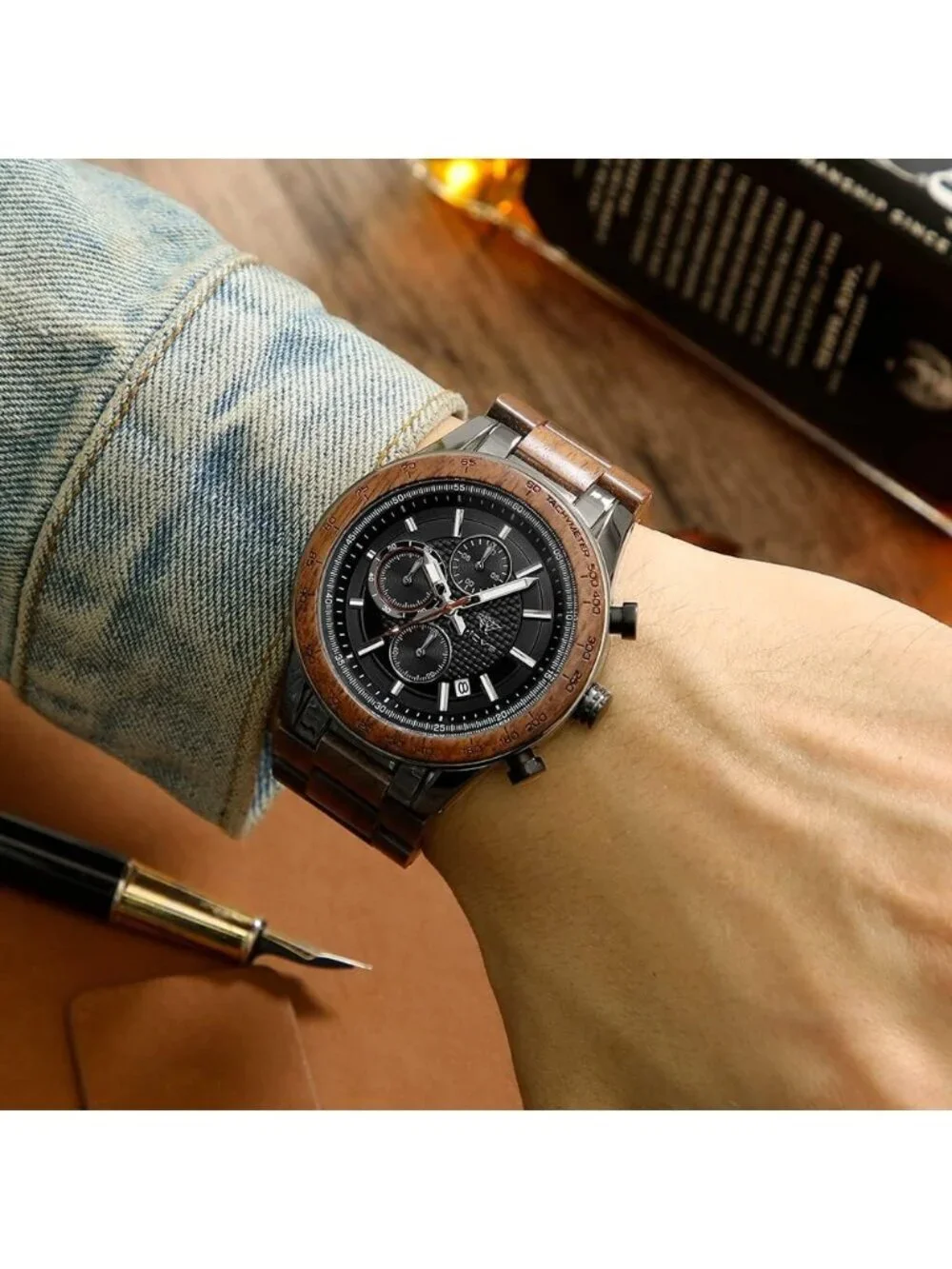 Men's Black Olive Stainless Steel Chronograph Solid Multifunctional Wooden Watch